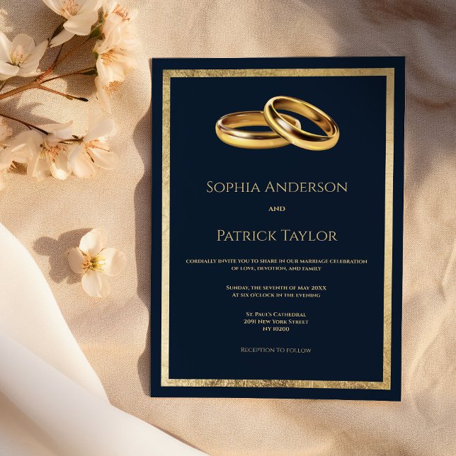 Invitación Boda elegante y sencillo de anillos de oro azul ma (Simple elegant navy blue gold rings Wedding)