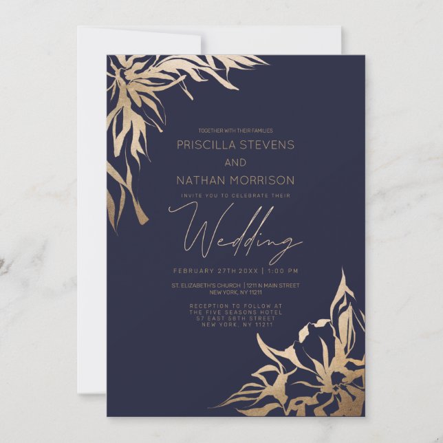 Invitación Boda elegante y sencillo de la Marina Gold Flora (Anverso)