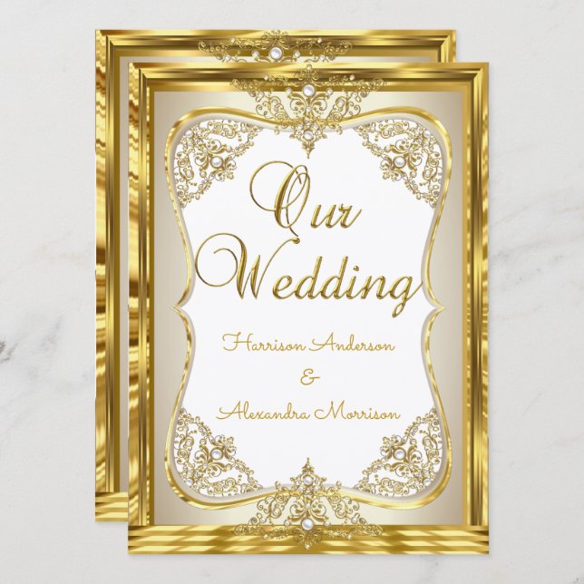 Invitación Boda Elite Oro Blanco beige Crema Perla  (Anverso / Reverso)