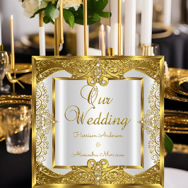 Invitación Boda Elite Oro Blanco Perlas Marco Dorado
