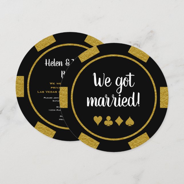 Invitación Boda Eloped de Black Gold Poker Chip Las Vegas (Anverso / Reverso)