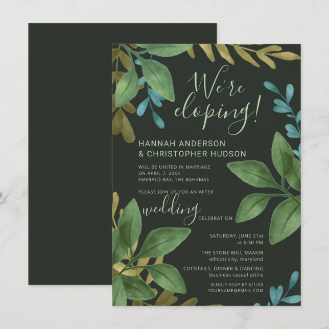 Invitación Boda Elopement Acuarela Hojas Solo Recepción (Anverso / Reverso)