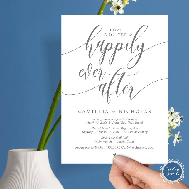 Invitación Boda Elopement, Afortunadamente Después De Fiesta  (Wedding Elopement, To Love Laughter and Happily Ever After Party Invitation Card, PDF, Dark Grey)