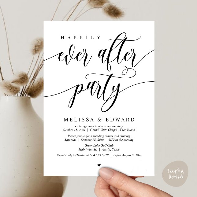 Invitación Boda Elopement, Afortunadamente Después De Fiesta (Happily Ever After Party Invitation Card, PDF, Wedding Elopement Dinner Brunch Lunch, White Black)