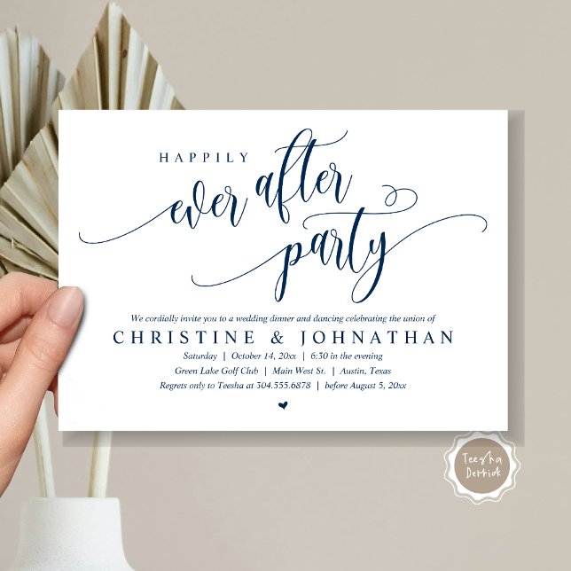 Invitación Boda Elopement, Afortunadamente Después De Fiesta (Wedding Elopement, Happily Ever After Party Invitation Card, Modern Contemporary, PDF, in Navy Blue)