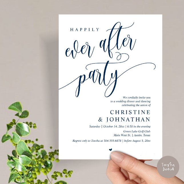 Invitación Boda Elopement, Afortunadamente Después De Fiesta (Wedding Elopement, Happily Ever After Party Invites Card, Modern Contemporary, PDF, Navy Blue)