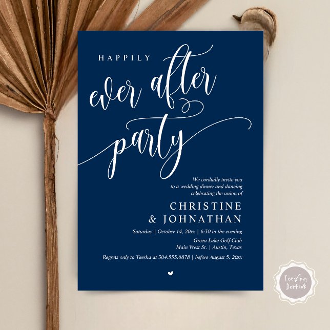 Invitación Boda Elopement, Afortunadamente Después De Fiesta (Wedding Elopement, Happily Ever After Party Invites Card, Modern Contemporary, PDF, Navy Blue)
