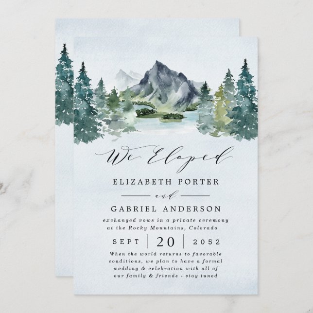 Invitación Boda Elopement de Mountain Evergreen Rustic Trees (Anverso / Reverso)