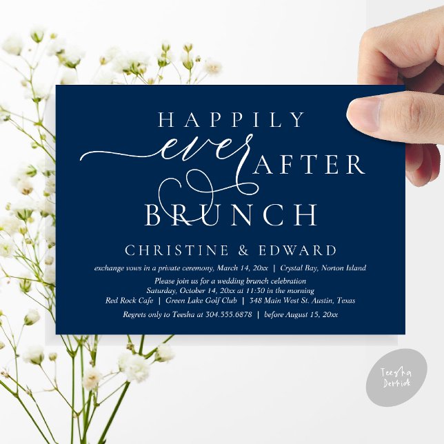 Invitación Boda Elopement, Feliz Nunca Después De Brunch (Modern Classy Wedding Elopement, Happily Ever After Brunch Invitation Card, PDF, in Navy Blue)