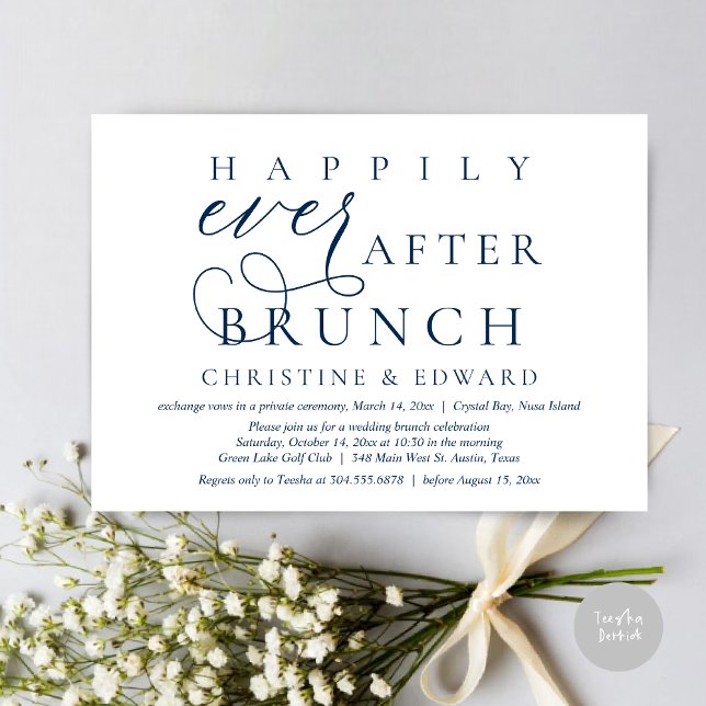 Invitación Boda Elopement, Feliz Nunca Después De Brunch (Modern Classy Wedding Elopement, Happily Ever After Brunch Invitation Card, PDF, in Navy Blue)