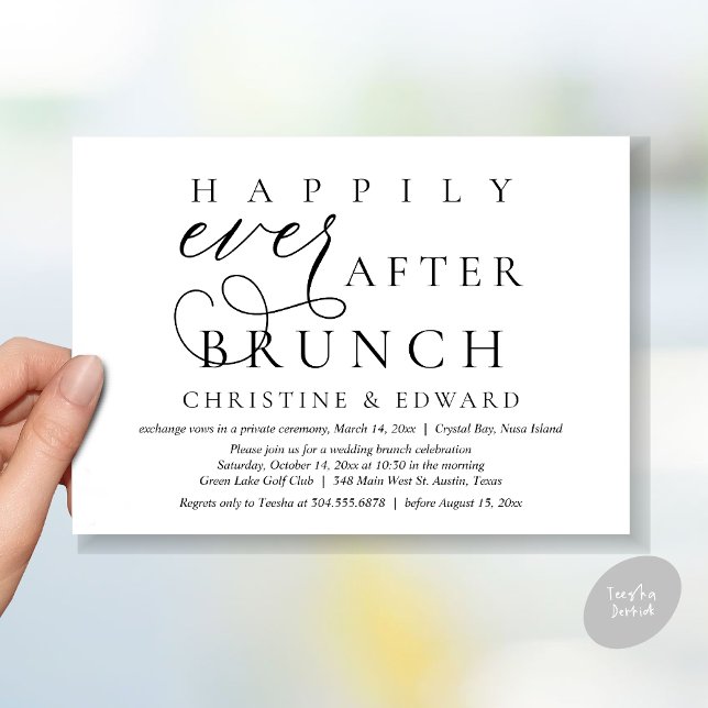 Invitación Boda Elopement, Feliz Nunca Después De Brunch (Modern Classy Wedding Elopement, Happily Ever After Brunch Invitation Card, PDF, in White and Black)