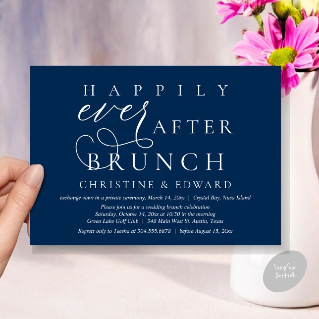 Invitación Boda Elopement, Feliz Nunca Después De Brunch (Modern Classy Wedding Elopement, Happily Ever After Brunch Invitation Card, PDF, in Navy Blue)