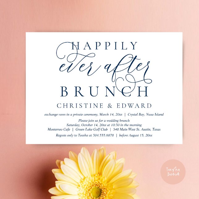 Invitación Boda Elopement, Feliz Nunca Después De Brunch (Modern Classy Wedding Elopement, Happily Ever After Brunch Invitation Card, PDF, in Navy Blue)