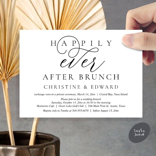 Invitación Boda Elopement, Feliz Nunca Después De Brunch (Modern Classy Wedding Elopement, Happily Ever After Brunch Invitation Card, PDF, in Black and White)