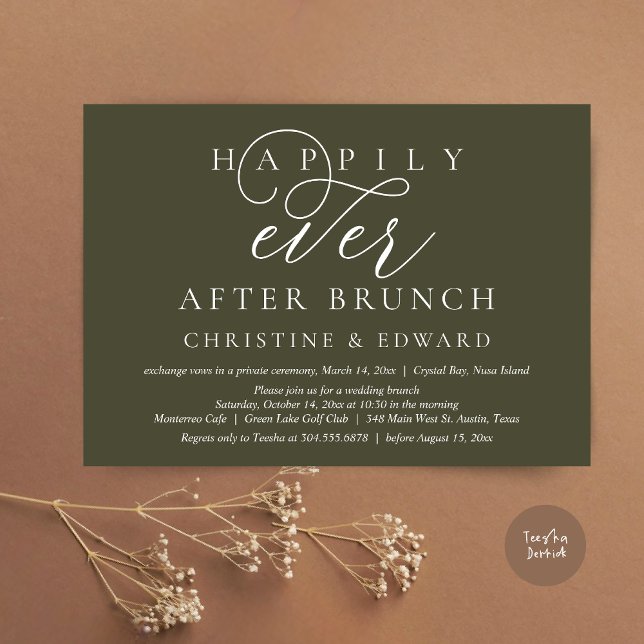 Invitación Boda Elopement, Feliz Nunca Después De Brunch (Modern Classy Wedding Elopement, Happily Ever After Brunch Invitation Card, PDF, in Olive Green)