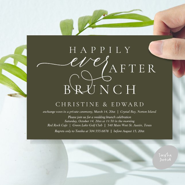 Invitación Boda Elopement, Feliz Nunca Después De Brunch (Modern Classy Wedding Elopement, Happily Ever After Brunch Invitation Card, PDF, in Olive Green)