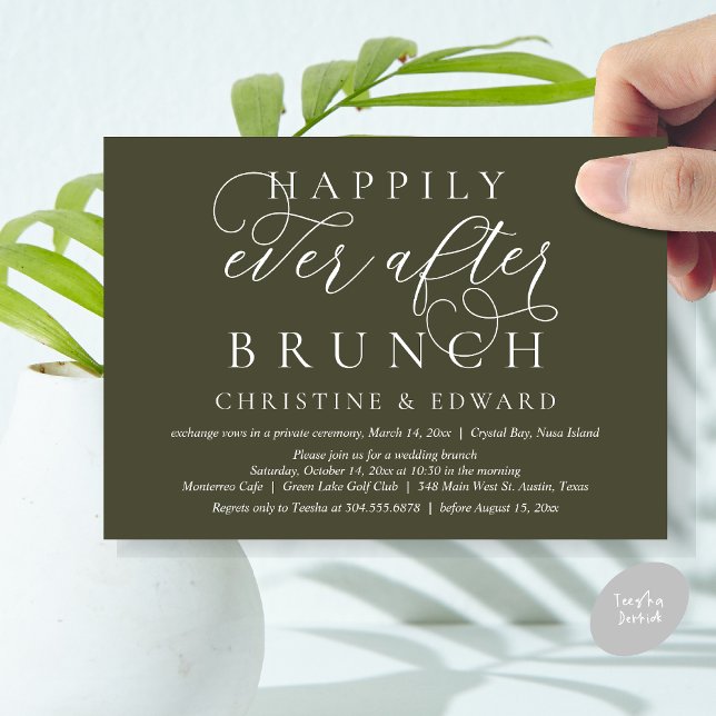 Invitación Boda Elopement, Feliz Nunca Después De Brunch (Modern Classy Wedding Elopement, Happily Ever After Brunch Invitation Card, PDF, in Olive Green)
