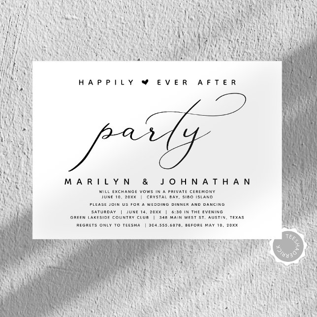 Invitación Boda Elopement Feliz Nunca Después De Fiesta (Modern Minimalist, Happily Ever After Wedding Elopement Dinner Party Celebration Invitation Cards.)