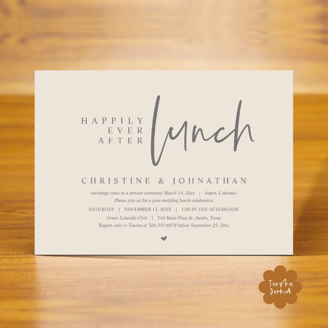 Invitación Boda Elopement, felizmente después del almuerzo Fi (Happily Ever After Lunch Modern Casual Wedding Elopement Party Invitation Card PDF Cream Grey)