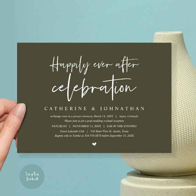 Invitación Boda Elopement, felizmente nunca después de la cel (Wedding Elopement Dinner, Happily Ever after celebration Invitation Card, PDF, in Olive Green)