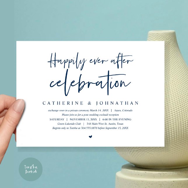 Invitación Boda Elopement, felizmente nunca después de la cel (Happily Ever After Celebration Dinner or Lunch or brunch Invitation Card, PDF, in Navy Blue)