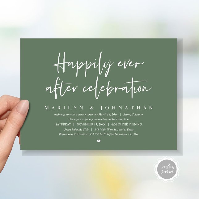 Invitación Boda Elopement, felizmente nunca después de la cel (Wedding Elopement, Happily Ever after Celebration Invitation Card, Printed, File, in sage green)