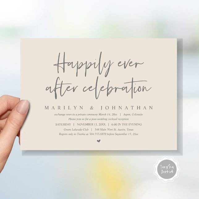 Invitación Boda Elopement, felizmente nunca después de la cel (Wedding Elopement, Happily Ever after Celebration Invitation Card, Printed, File, in grey and cream)