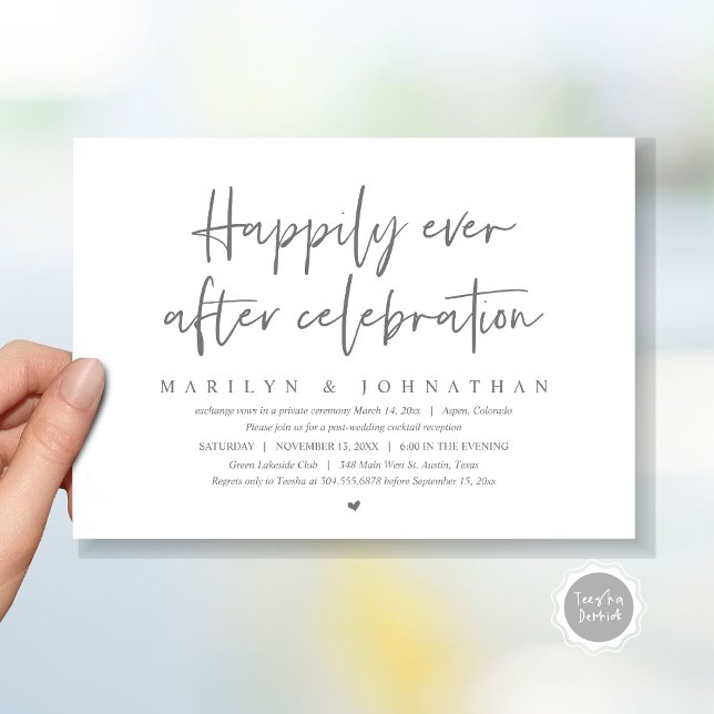 Invitación Boda Elopement, felizmente nunca después de la cel (Wedding Elopement, Happily Ever after Celebration Invitation Card, Printed and File, in dark grey)