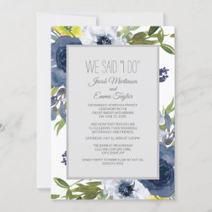 Invitación Boda Elopement Floral Azul Marino Blanco Amarillo