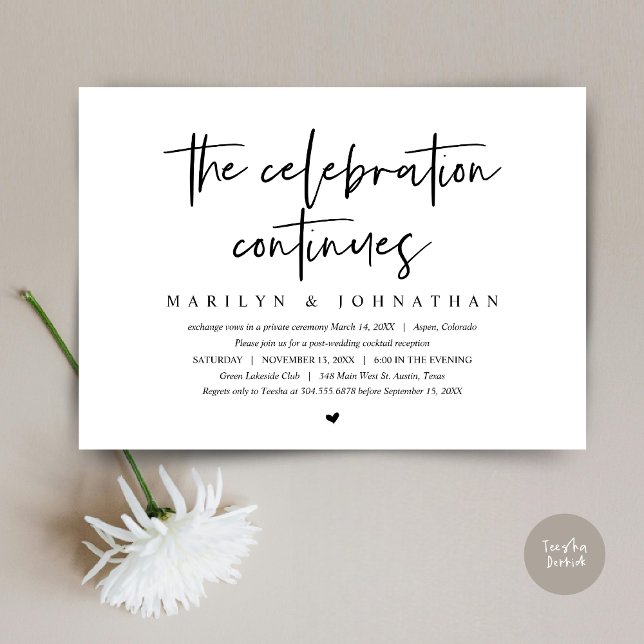 Invitación Boda Elopement, la celebración moderna continúa (Wedding Elopement, Modern celebration continues Invitation Card, PDF, in Black and White)