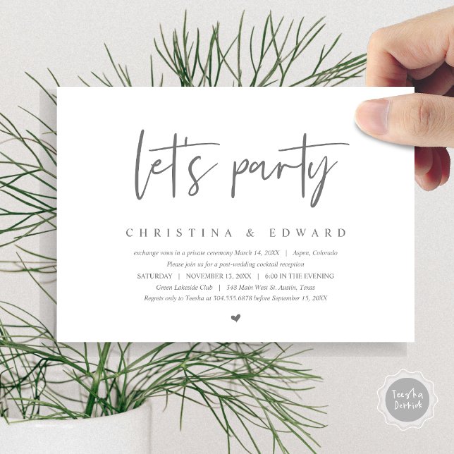 Invitación Boda Elopement, Minimalista moderno, deja fiesta (Wedding Elopement, Modern Minimalist, let's party Invitation Card, in Dark Grey)