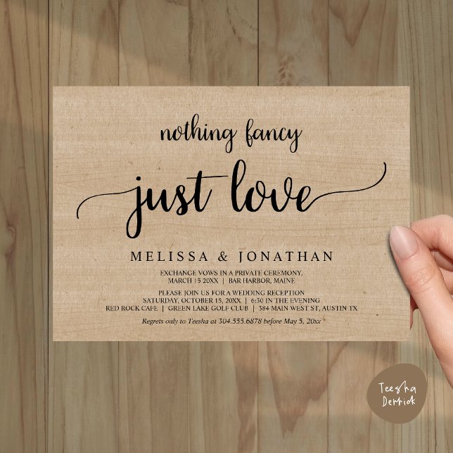 Invitación Boda Elopement, Nada Fancy Just Love Dinner (Wedding Elopement, Nothing Fancy Just Love Dinner Invitation Card, PDF, Rustic Cottage Brown Wood)