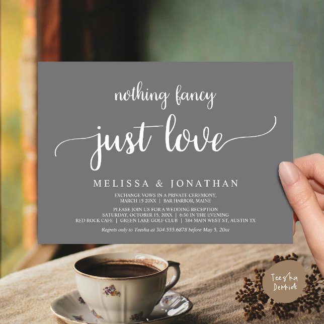 Invitación Boda Elopement, Nada Fancy Just Love Dinner (Wedding Elopement, Nothing Fancy Just Love Dinner Invitation Card, PDF, Rustic Cottage Dark Grey)