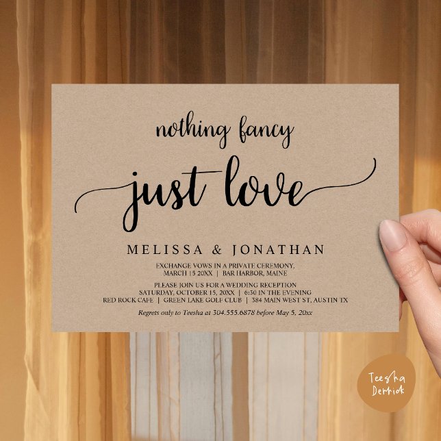 Invitación Boda Elopement, Nada Fancy Just Love Dinner (Wedding Elopement, Nothing Fancy Just Love Dinner Invitation Card, PDF, Rustic Cottage Brown Kraft)