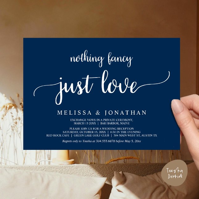 Invitación Boda Elopement, Nada Fancy Just Love Dinner (Wedding Elopement, Nothing Fancy Just Love Dinner Invitation Card, PDF, Rustic Cottage Navy Blue)