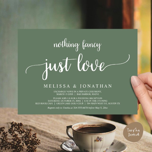 Invitación Boda Elopement, Nada Fancy Just Love Dinner (Wedding Elopement, Nothing Fancy Just Love Dinner Invitation Card, PDF, Rustic Cottage Sage Greenery)