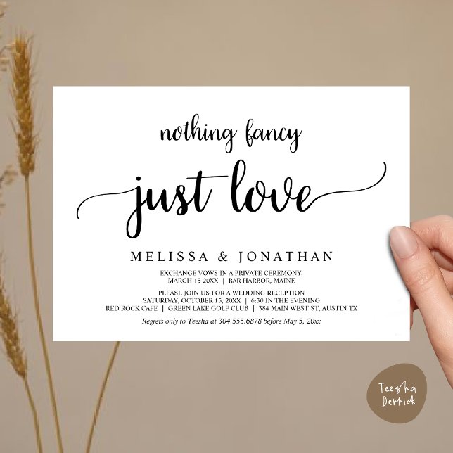 Invitación Boda Elopement, Nada Fancy Just Love Dinner (Wedding Elopement, Nothing Fancy Just Love Dinner Invitation Card, PDF, Rustic Cottage White Black)