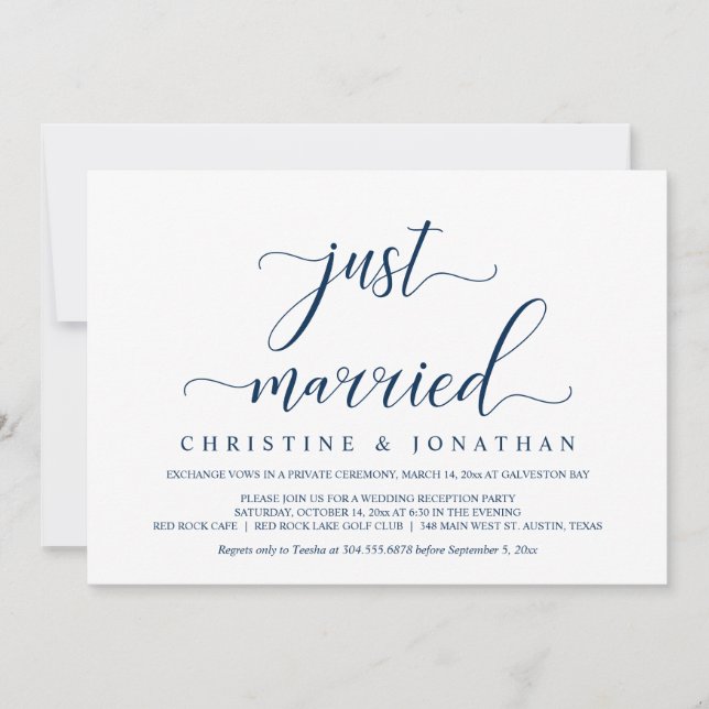 Invitación Boda Elopement, Navy Blue, fiesta casada (Anverso)