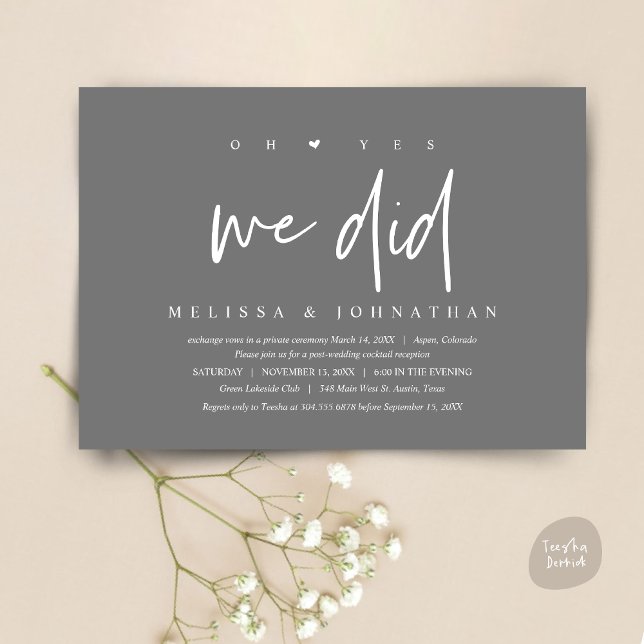 Invitación Boda Elopement, oh sí, lo hicimos (Oh yes we did, Modern Wedding Elopement Dinner Party Invitation Card, PDF, Dark Grey)