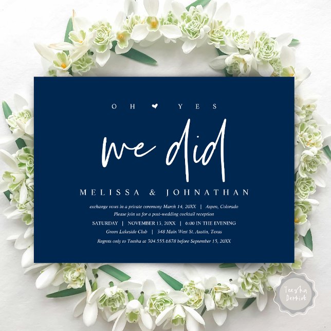 Invitación Boda Elopement, oh sí, lo hicimos (Oh yes we did, Modern Wedding Elopement Dinner Party Invitation Card, PDF, Navy Blue)