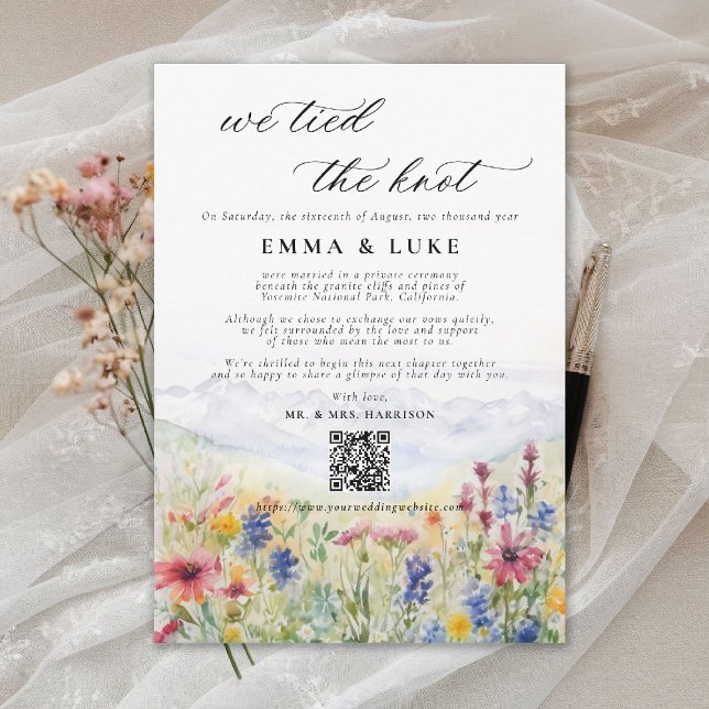 Invitación Boda Elopement Wildflower Mountain (elopement wedding announcement card qr code mountain wildflowers meadow watercolor)