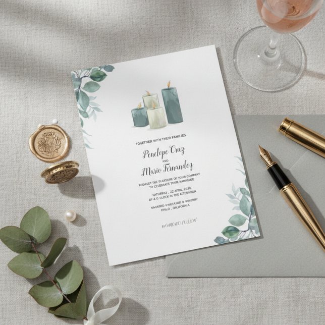 Invitación Boda en acuarela de eucalipto elegante y vela (Subido por el creador)