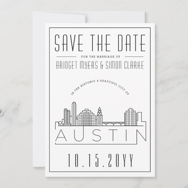 Invitación Boda en Austin | Silueta urbana estilizada para gu (Anverso)