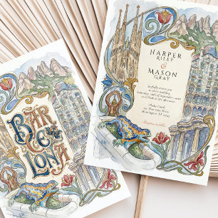 Invitación Boda en Barcelona con Acuarela de Monumentos de Ga