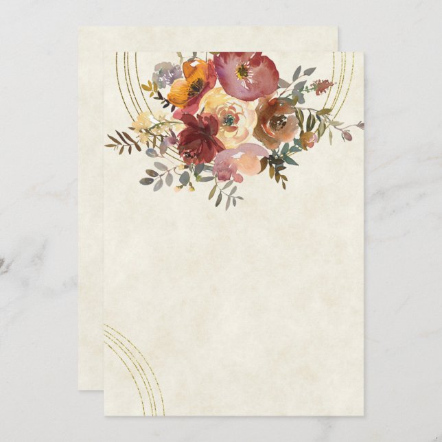 Invitación Boda en blanco floral y dorado de otoño (Anverso / Reverso)