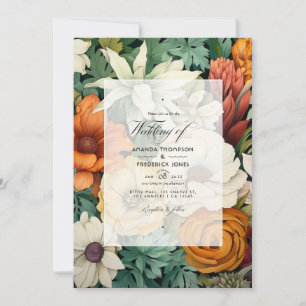 Invitación Boda en blanco, verde cazador, marrón y naranja