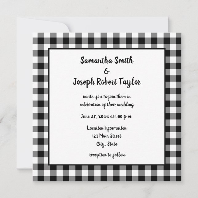 Invitación Boda en blanco y negro de Gingham Plaid (Anverso)