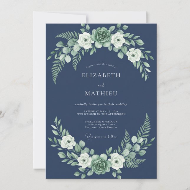 Invitación Boda en bosque exuberante de azul marino (Anverso)