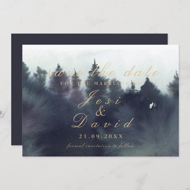 Invitación Boda en Bosque Oscuro Étereo y Melancólico Save Th (Anverso / Reverso)
