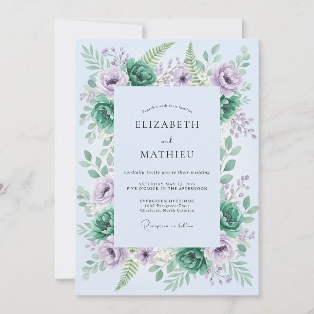 Invitación Boda en bosque verde lavanda (Anverso)